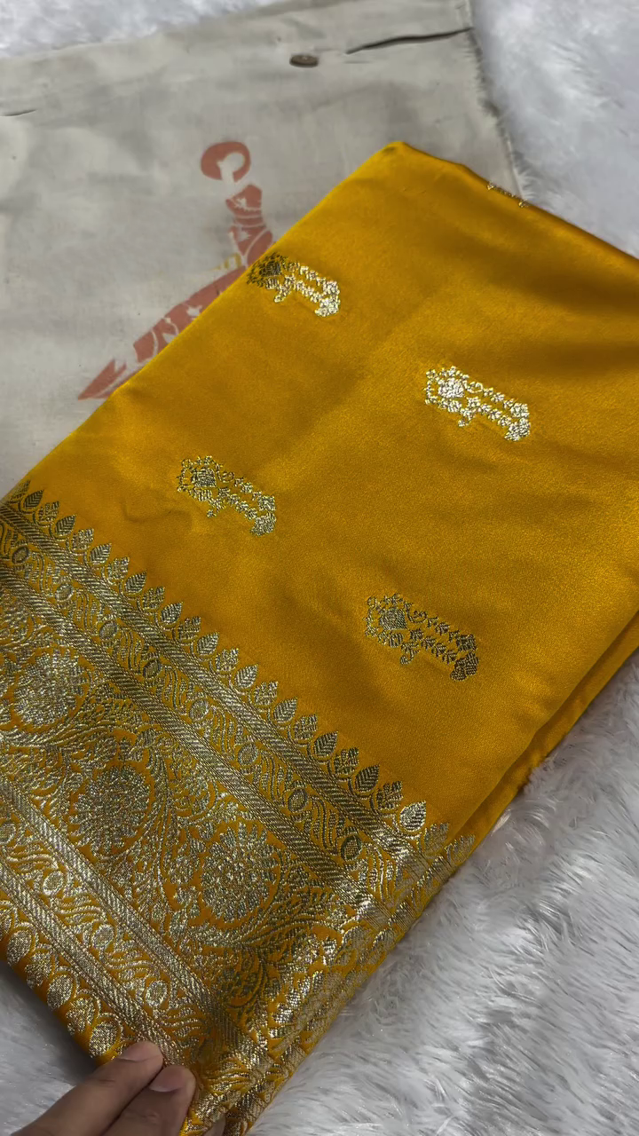 Premium Mustard Yellow Banarasi Silk Saree with Intricate Zari Butta