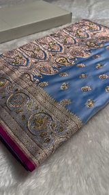 Royal Sky Blue Silk Saree with Heavy Golden Zari, Stone Embellishment & Contrast Border