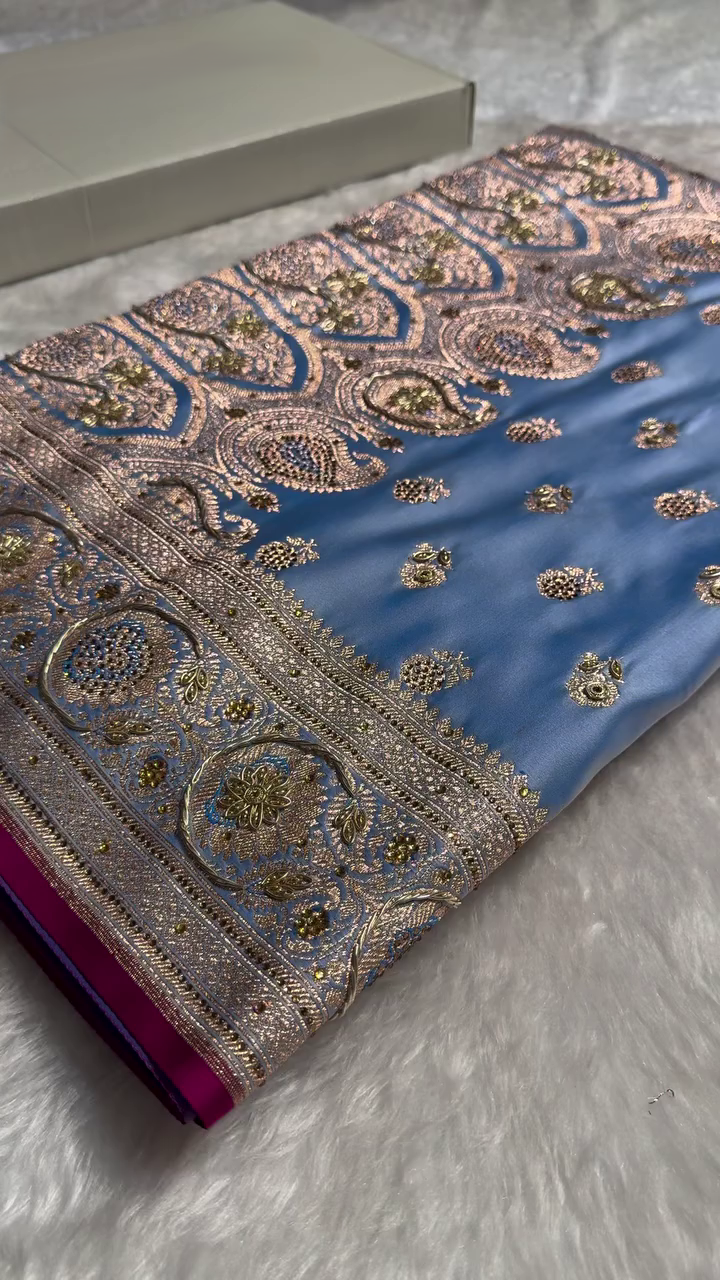 Royal Sky Blue Silk Saree with Heavy Golden Zari, Stone Embellishment & Contrast Border