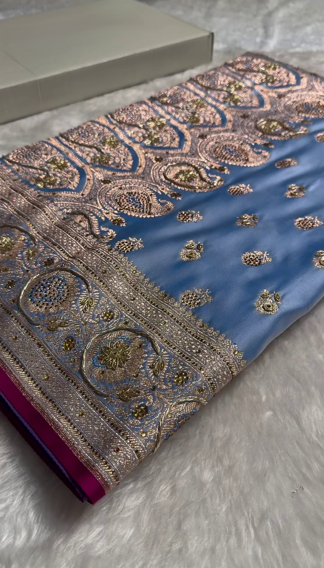 Sky Blue Banarasi Silk Saree with Heavy Zari Embroidery & Stone Work Border