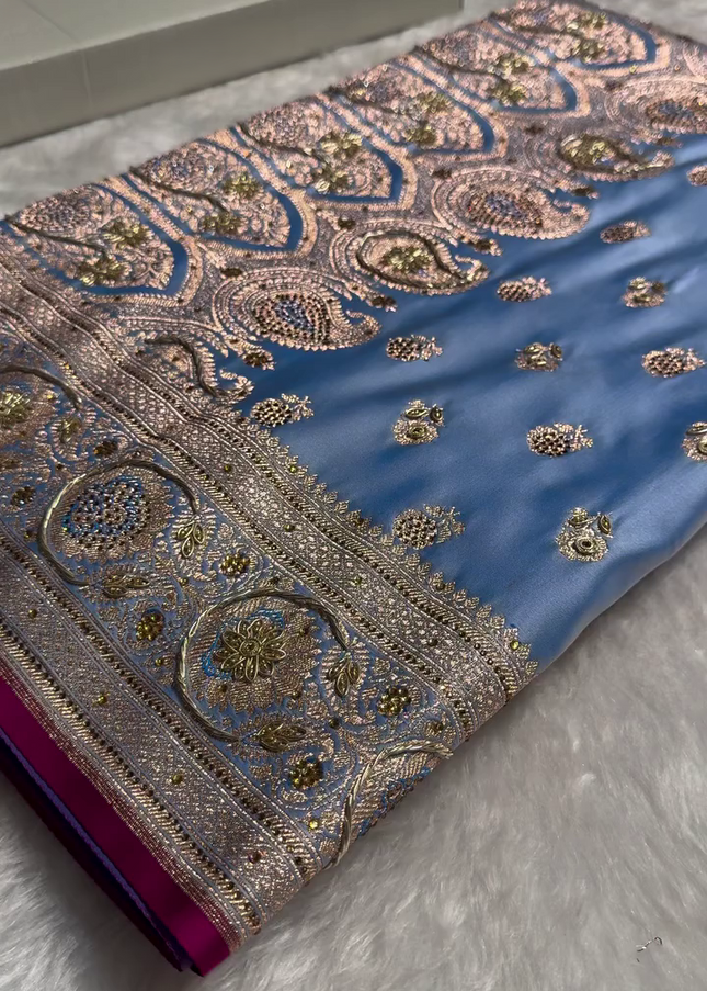 Sky Blue Banarasi Silk Saree with Heavy Zari Embroidery & Stone Work Border