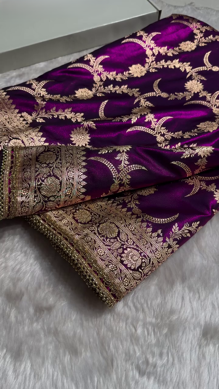 Royal Purple Banarasi Silk Saree with Intricate Golden Zari Weaving & Heavy Border