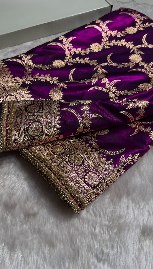 Majestic Purple Banarasi Silk Saree with Golden Zari Floral Weaving & Beaded Border