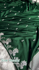 Emerald Green Satin Silk Saree with Silver Floral Zari Border