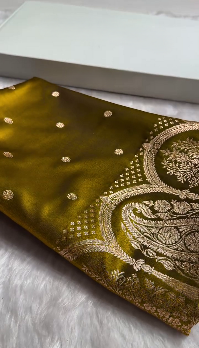 Antique Mustard Banarasi Silk Saree with Golden Zari Weaving & Paisley Border