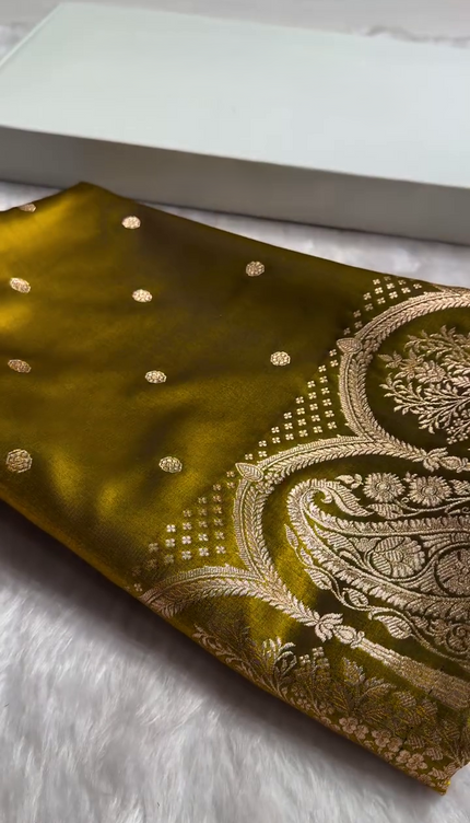 Antique Mustard Banarasi Silk Saree with Golden Zari Weaving & Paisley Border