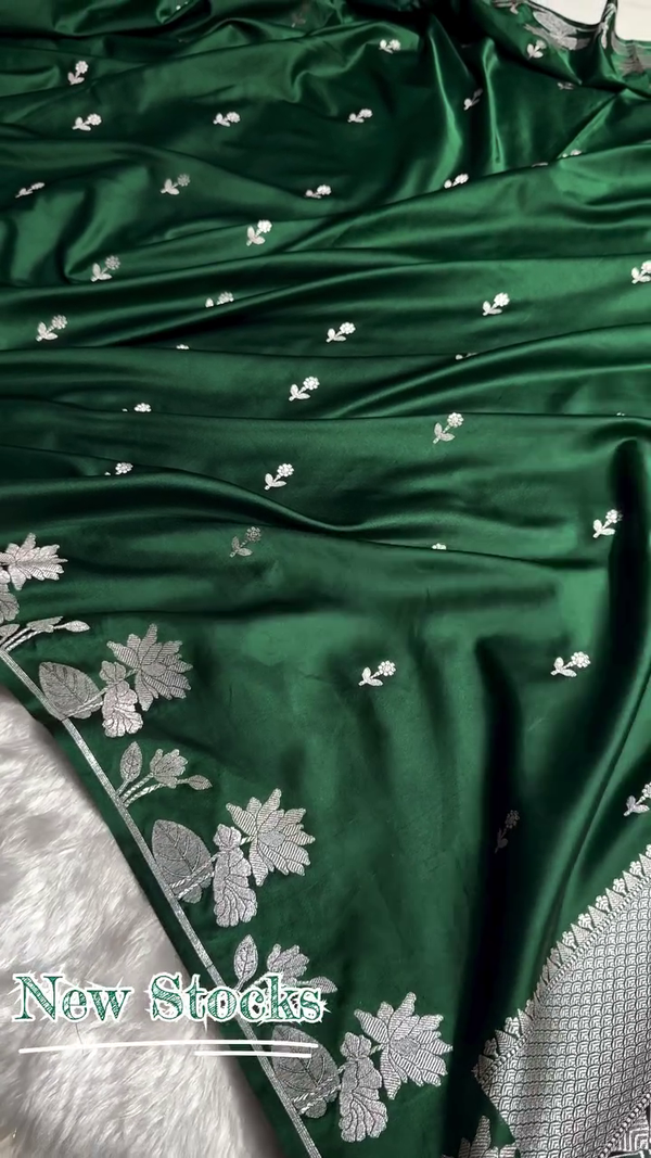 Emerald Green Satin Silk Saree with Silver Floral Zari Border