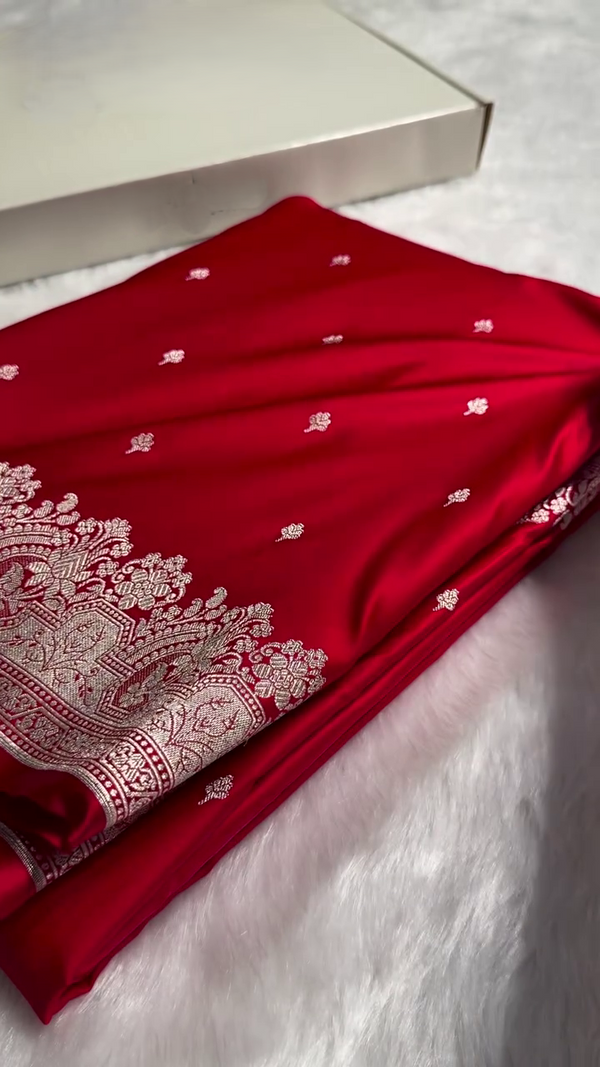Classic Red Satin Silk Saree with Silver Zari Floral Butta