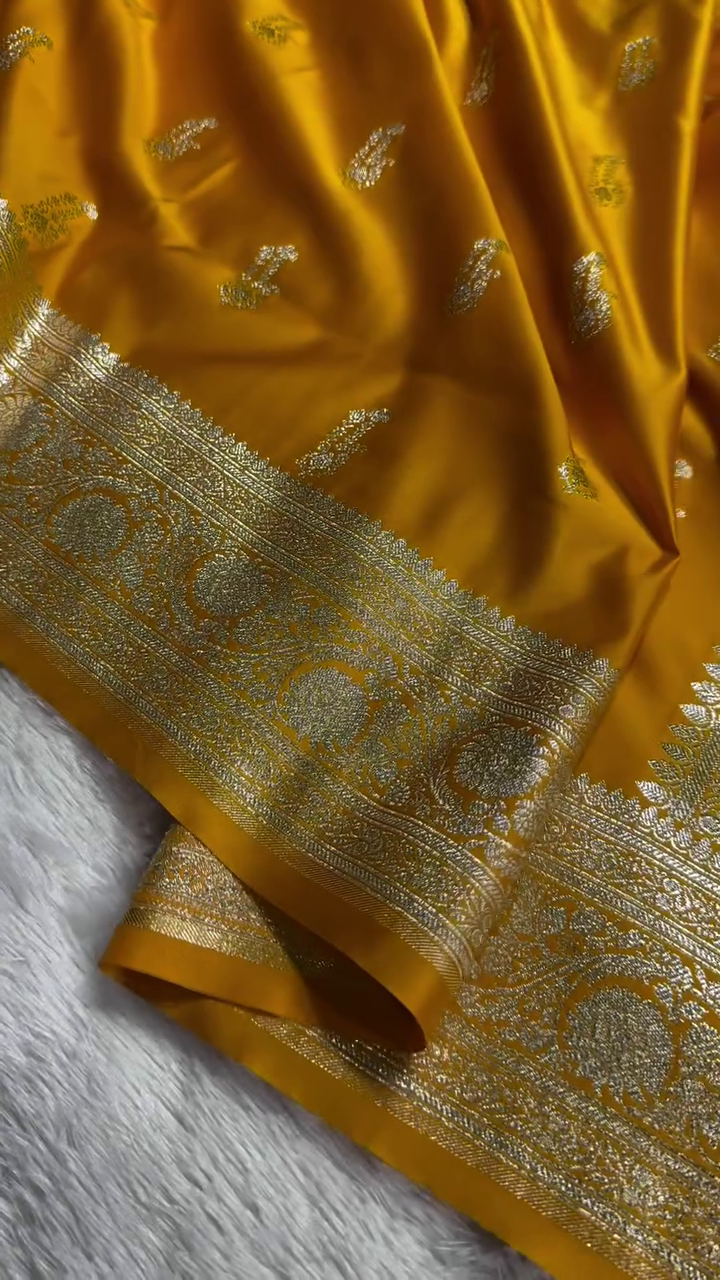 Premium Mustard Yellow Banarasi Silk Saree with Intricate Zari Butta