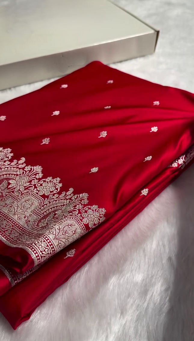 Classic Red Banarasi Silk Saree with Silver Zari Buti and Ornate Floral Border