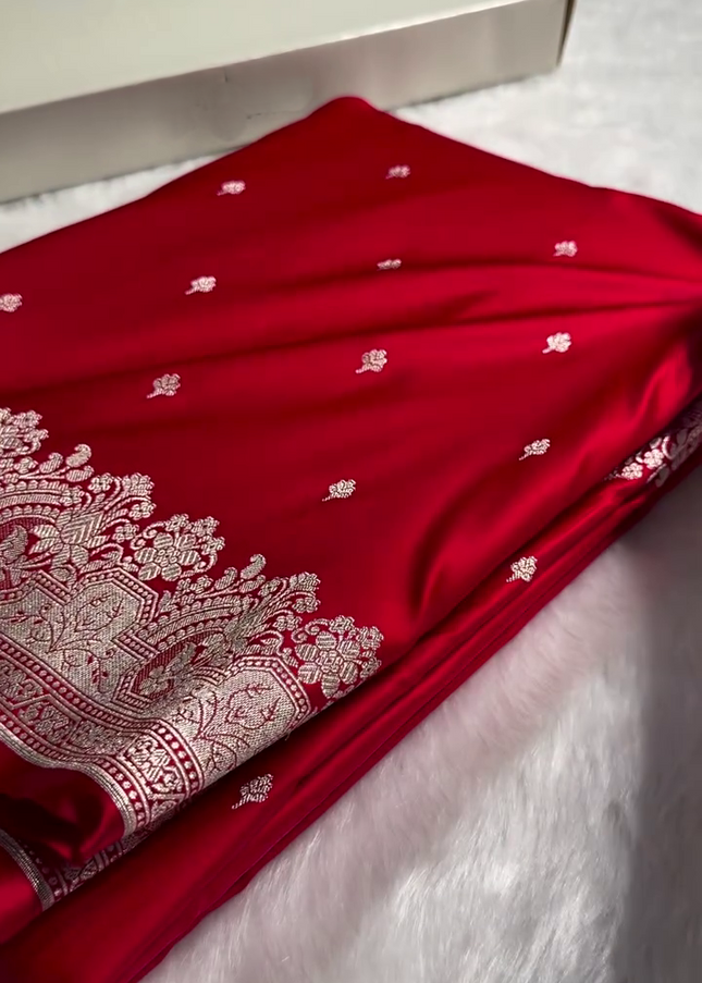 Classic Red Banarasi Silk Saree with Silver Zari Buti and Ornate Floral Border
