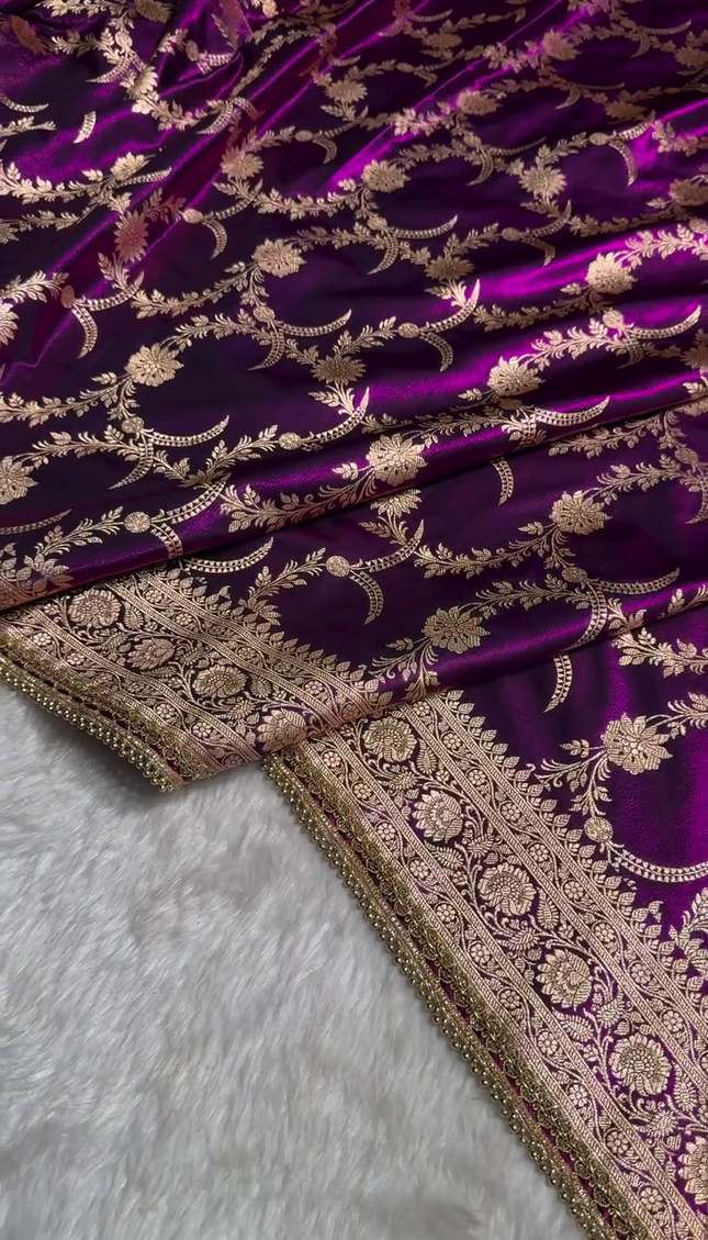 Majestic Purple Banarasi Silk Saree with Golden Zari Floral Weaving & Beaded Border