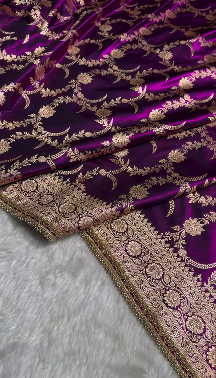 Majestic Purple Banarasi Silk Saree with Golden Zari Floral Weaving & Beaded Border