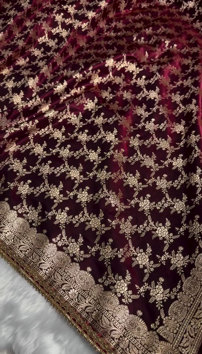 Maroon Velvet Saree with Heavy Golden Zari Embroidery & Beaded Lace Border