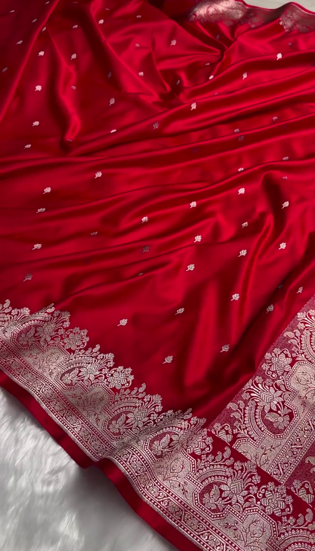 Classic Red Banarasi Silk Saree with Silver Zari Buti and Ornate Floral Border