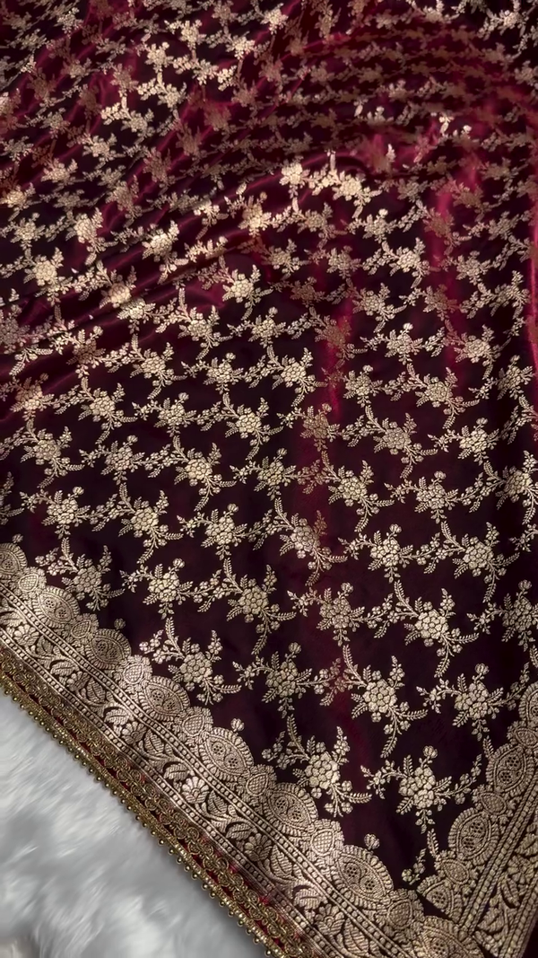 Premium Maroon Zari Woven Banarasi Saree with Heavy Embellished Border