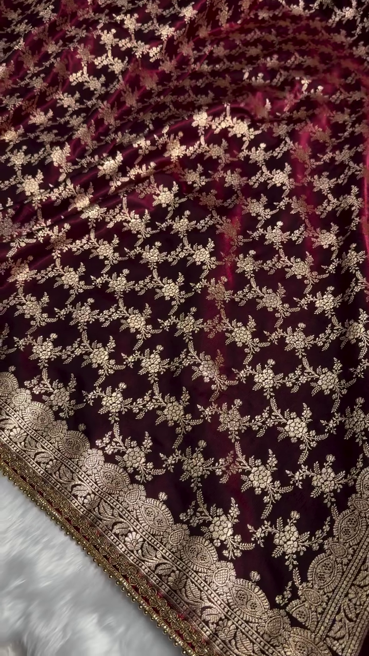 Premium Maroon Zari Woven Banarasi Saree with Heavy Embellished Border