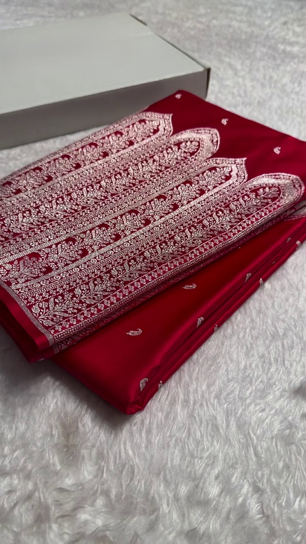 Royal Red Banarasi Silk Saree with Intricate Silver Zari Weaving