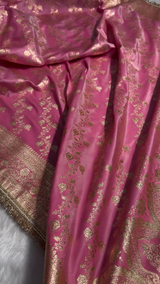 Luxury Pink Banarasi Silk Saree with Heavy Zari Weaving & Designer Fringe Border