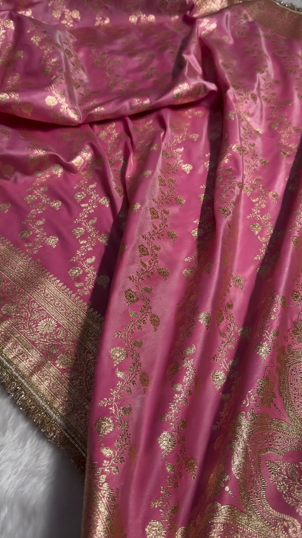 Luxury Pink Banarasi Silk Saree with Heavy Zari Weaving & Designer Fringe Border
