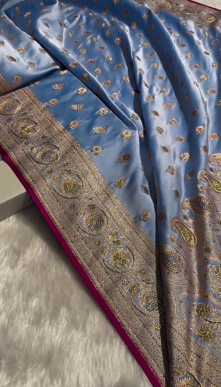 Sky Blue Banarasi Silk Saree with Heavy Zari Embroidery & Stone Work Border