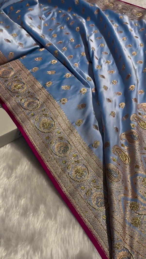 Royal Sky Blue Silk Saree with Heavy Golden Zari, Stone Embellishment & Contrast Border