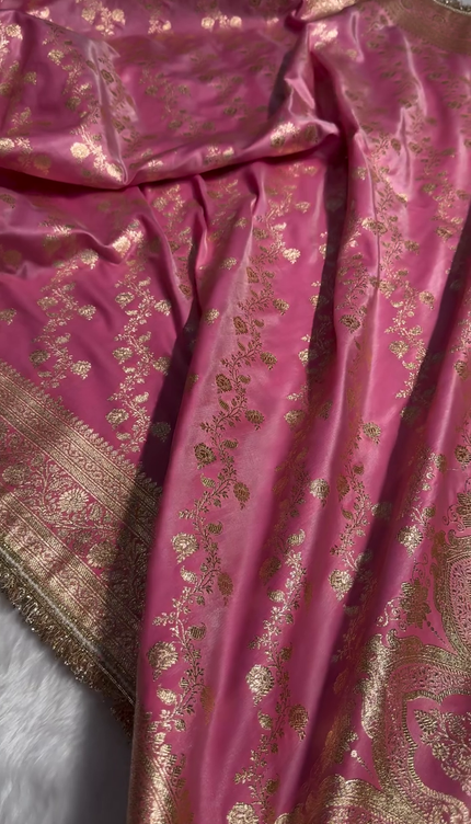 Blush Pink Banarasi Silk Saree with Golden Zari Floral Weaving & Fancy Lace Border