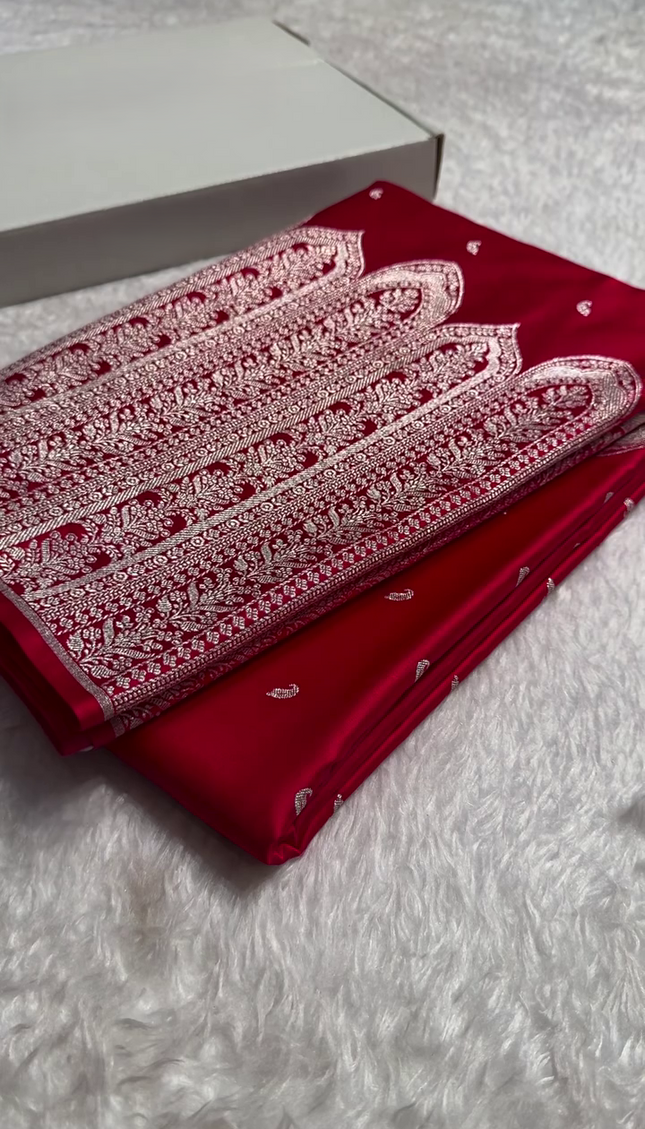 Royal Red Banarasi Silk Saree with Intricate Silver Zari Weaving