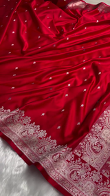 Classic Red Satin Silk Saree with Silver Zari Floral Butta