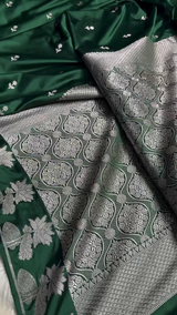 Emerald Green Satin Silk Saree with Silver Floral Zari Border
