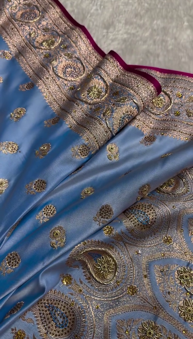 Sky Blue Banarasi Silk Saree with Heavy Zari Embroidery & Stone Work Border