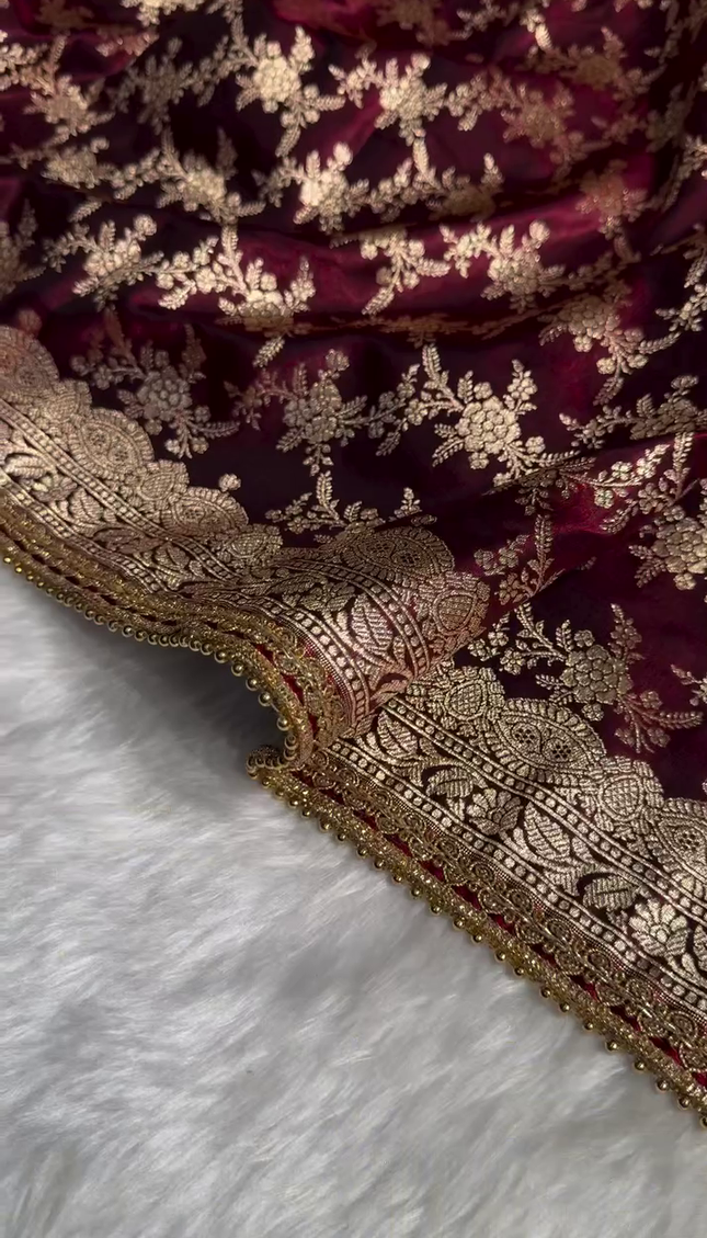 Maroon Velvet Saree with Heavy Golden Zari Embroidery & Beaded Lace Border