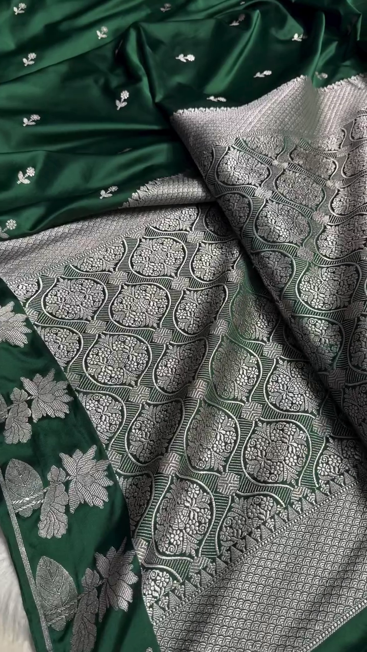 Emerald Green Satin Silk Saree with Silver Floral Zari Border