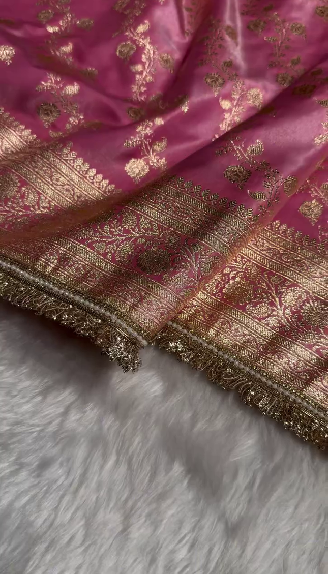Blush Pink Banarasi Silk Saree with Golden Zari Floral Weaving & Fancy Lace Border