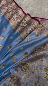 Royal Sky Blue Silk Saree with Heavy Golden Zari, Stone Embellishment & Contrast Border