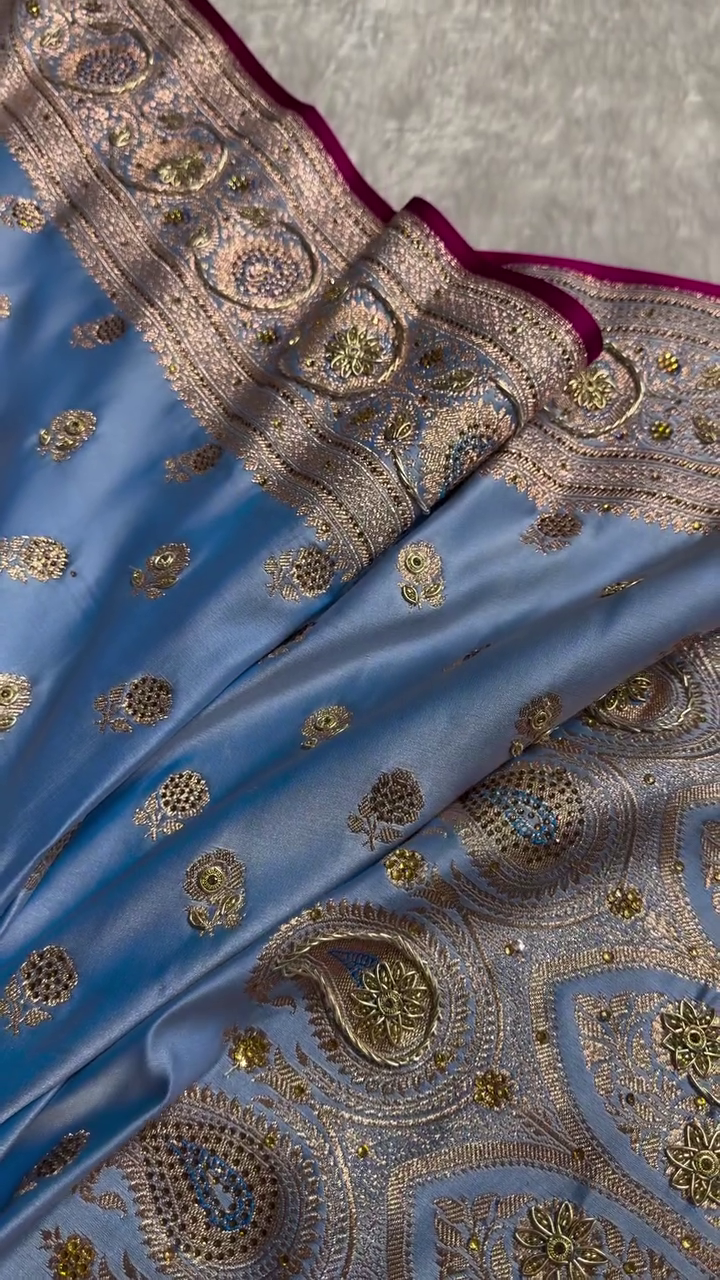 Royal Sky Blue Silk Saree with Heavy Golden Zari, Stone Embellishment & Contrast Border