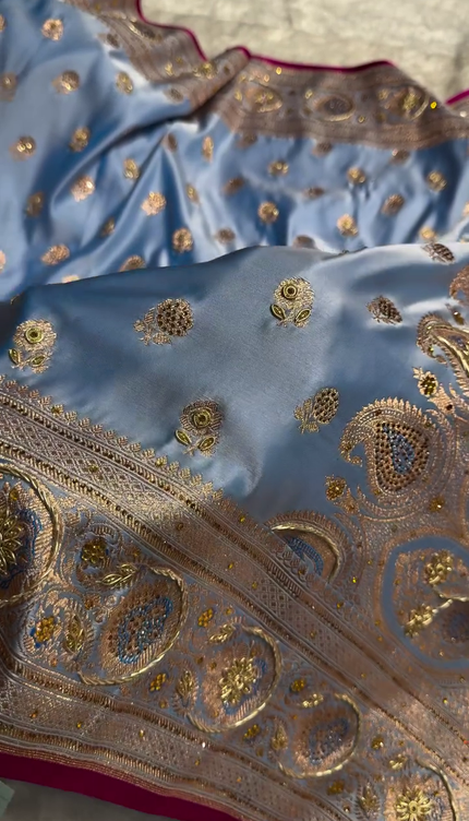 Sky Blue Banarasi Silk Saree with Heavy Zari Embroidery & Stone Work Border