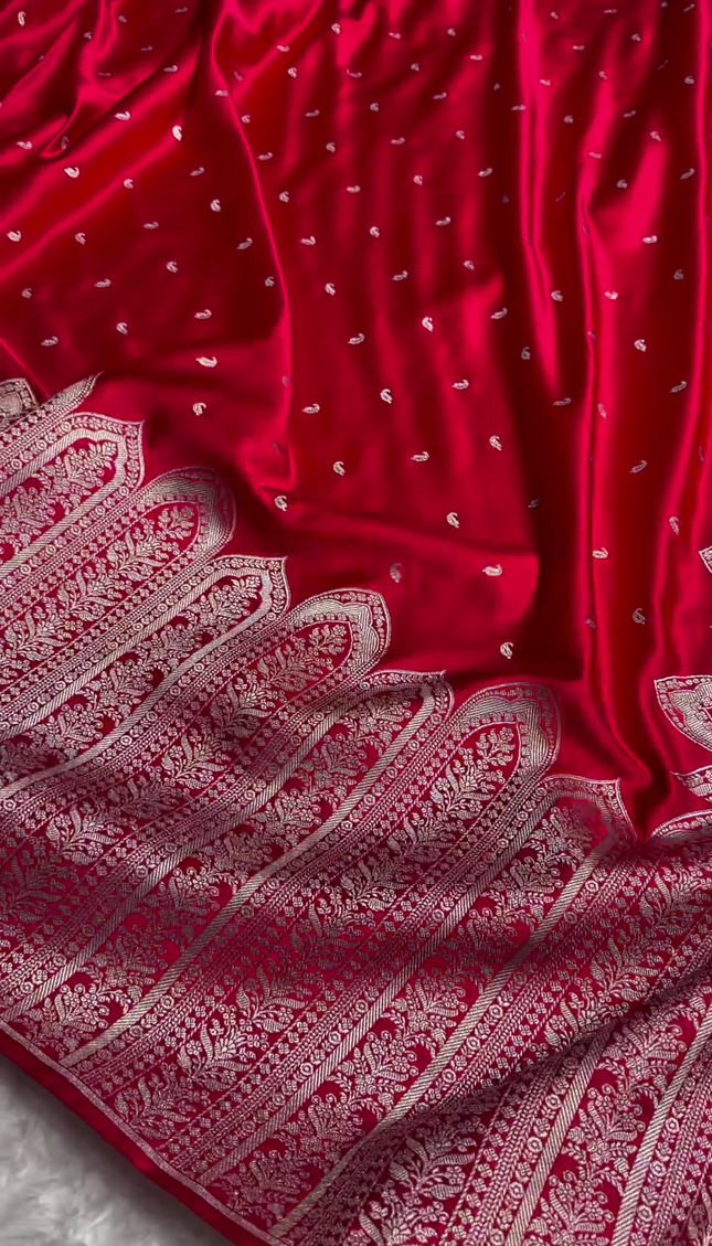 Royal Red Banarasi Silk Saree with Intricate Silver Zari Weaving