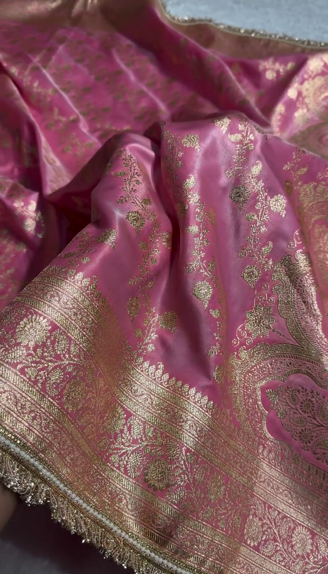 Blush Pink Banarasi Silk Saree with Golden Zari Floral Weaving & Fancy Lace Border