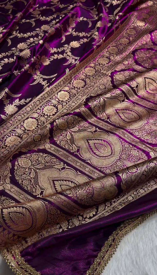 Majestic Purple Banarasi Silk Saree with Golden Zari Floral Weaving & Beaded Border
