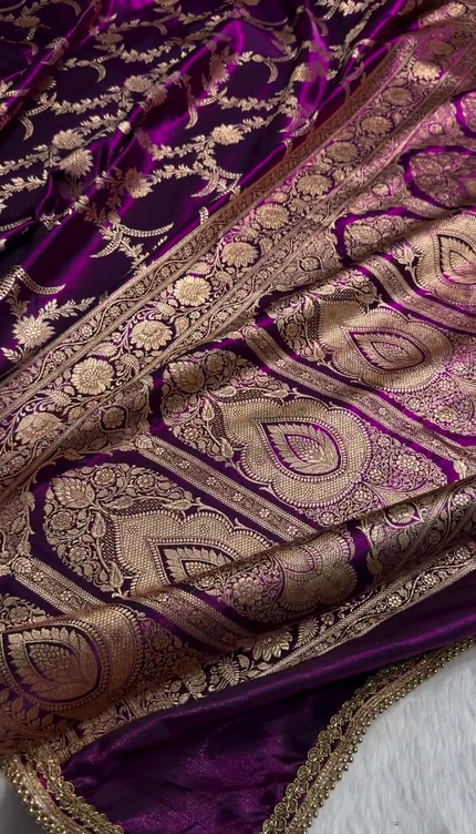 Majestic Purple Banarasi Silk Saree with Golden Zari Floral Weaving & Beaded Border