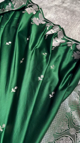 Emerald Green Satin Silk Saree with Silver Floral Zari Border