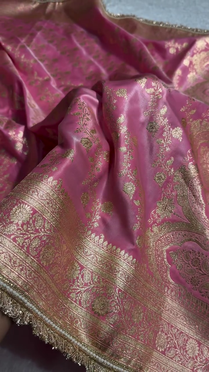 Luxury Pink Banarasi Silk Saree with Heavy Zari Weaving & Designer Fringe Border