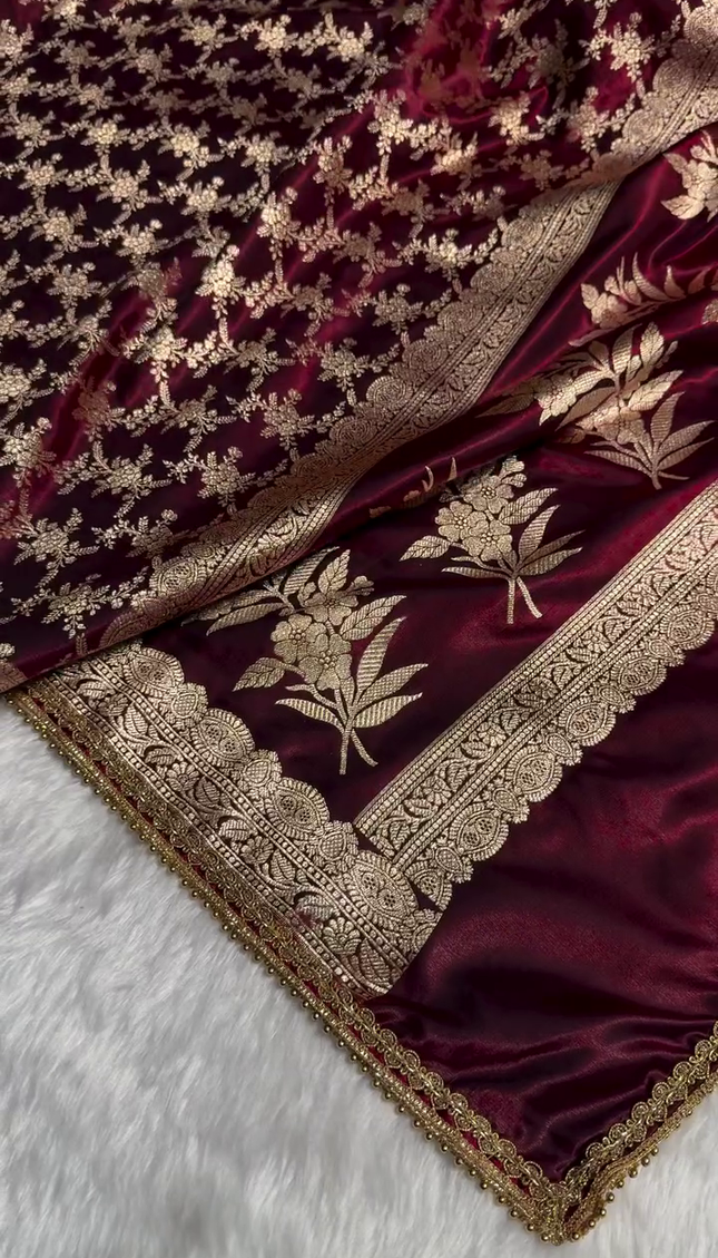 Maroon Velvet Saree with Heavy Golden Zari Embroidery & Beaded Lace Border