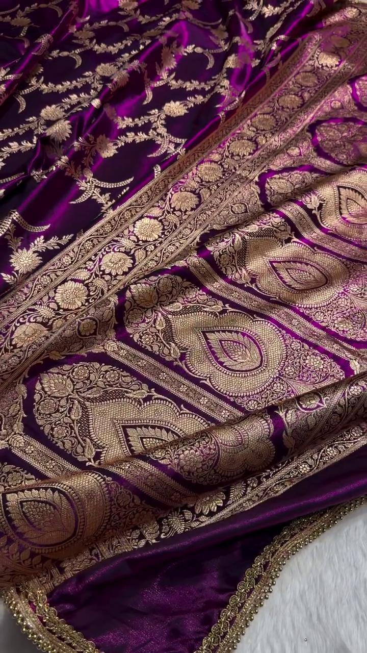 Royal Purple Banarasi Silk Saree with Intricate Golden Zari Weaving & Heavy Border