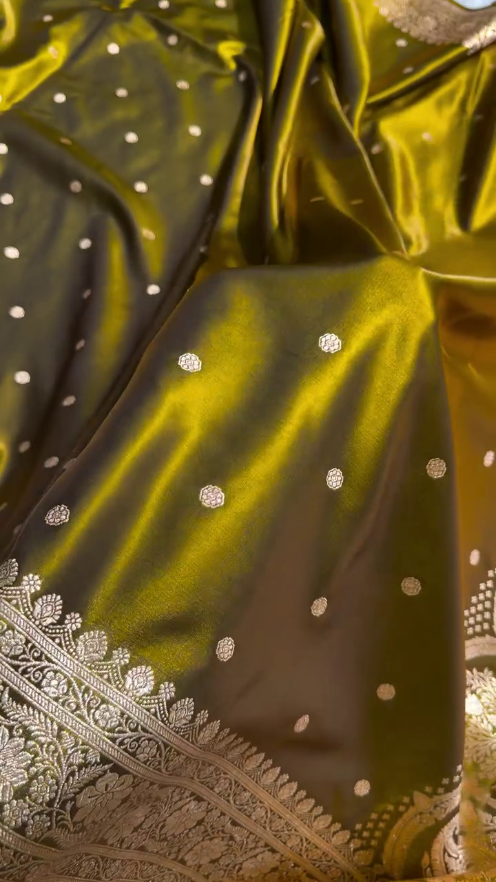 Olive Gold Banarasi Silk Saree with Antique Zari Butta
