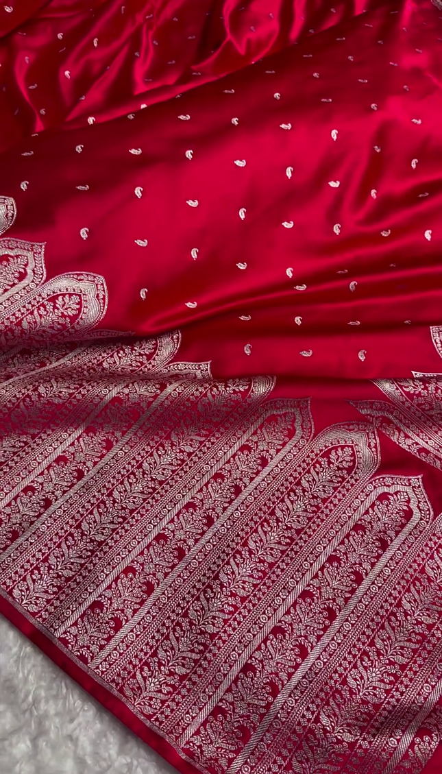 Royal Red Banarasi Silk Saree with Intricate Silver Zari Weaving