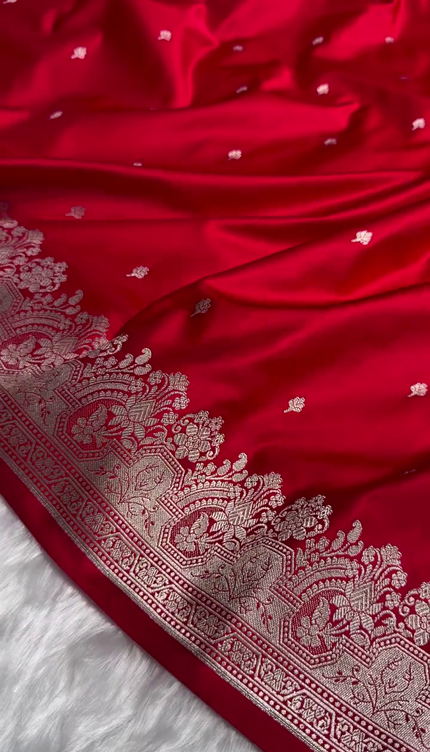 Classic Red Banarasi Silk Saree with Silver Zari Buti and Ornate Floral Border