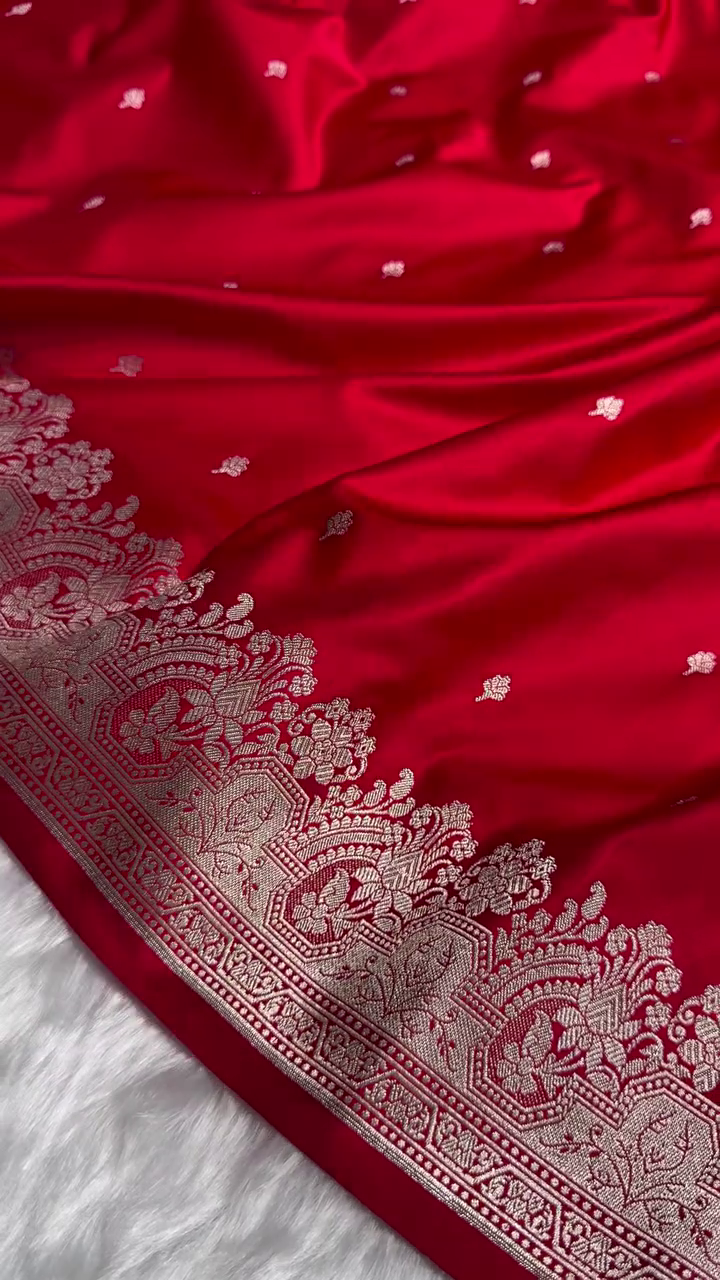 Classic Red Satin Silk Saree with Silver Zari Floral Butta