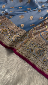 Royal Sky Blue Silk Saree with Heavy Golden Zari, Stone Embellishment & Contrast Border